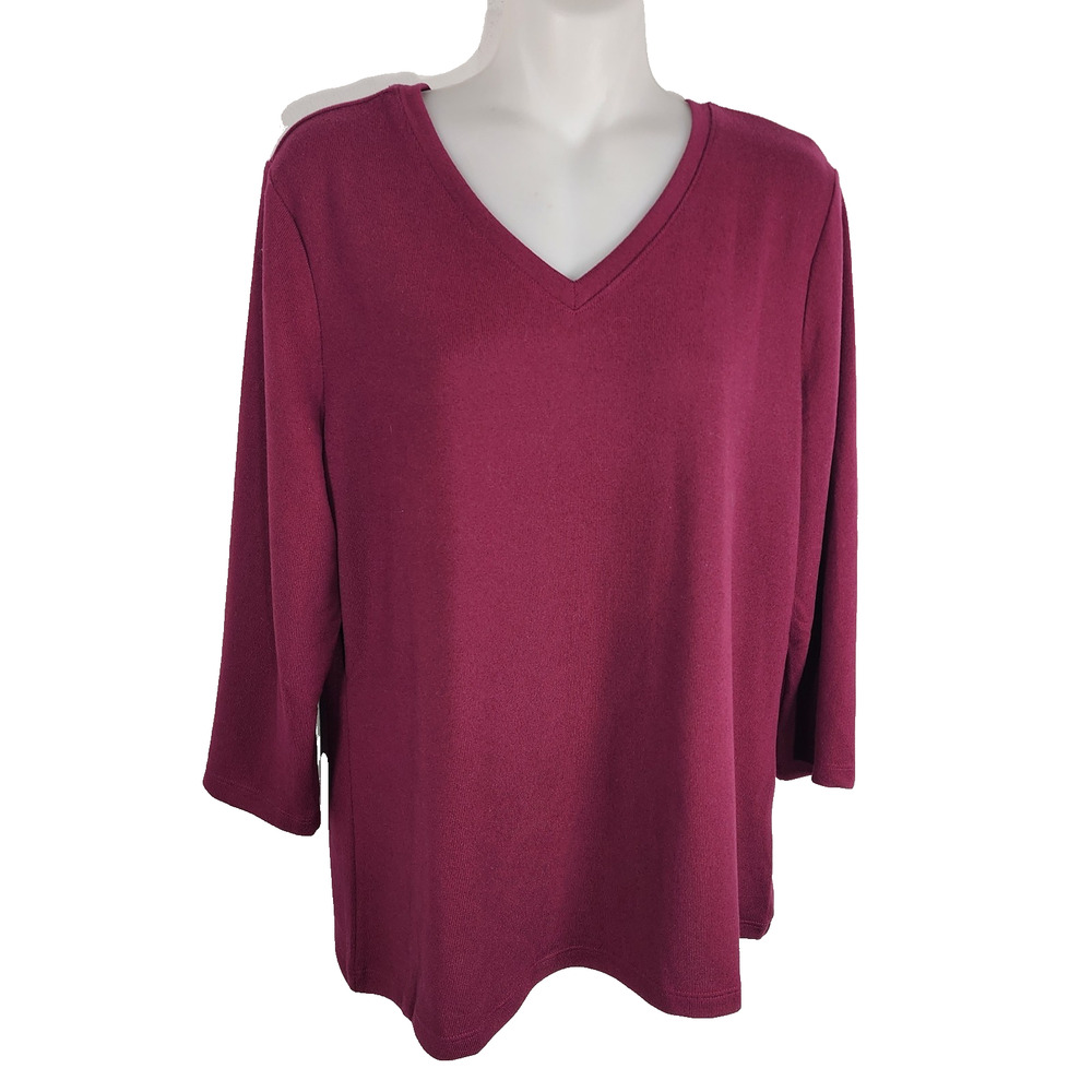 Denim & Co. Essentials Womens Heavenly Jersey 3/4 Sleeve Top Wine Small V Neck
